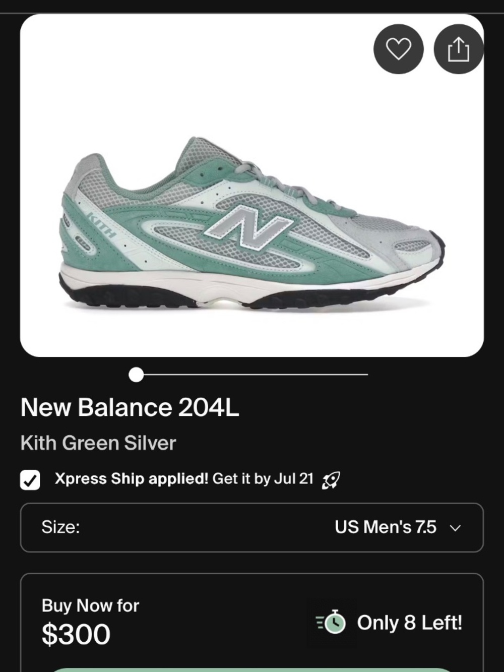 Kith x New Balance 204L "Bluebell" Green Silver US 7.5 U204LKTA